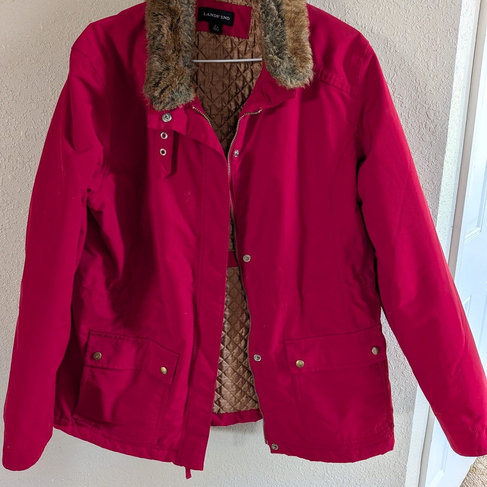 Lands' End Women's Red Utility Jacket with Faux Fur Collar